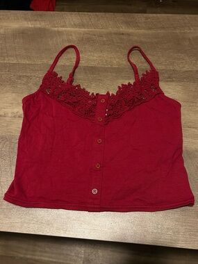 Red Lace-Trim Button-Front Cami Crop Top — Size Medium